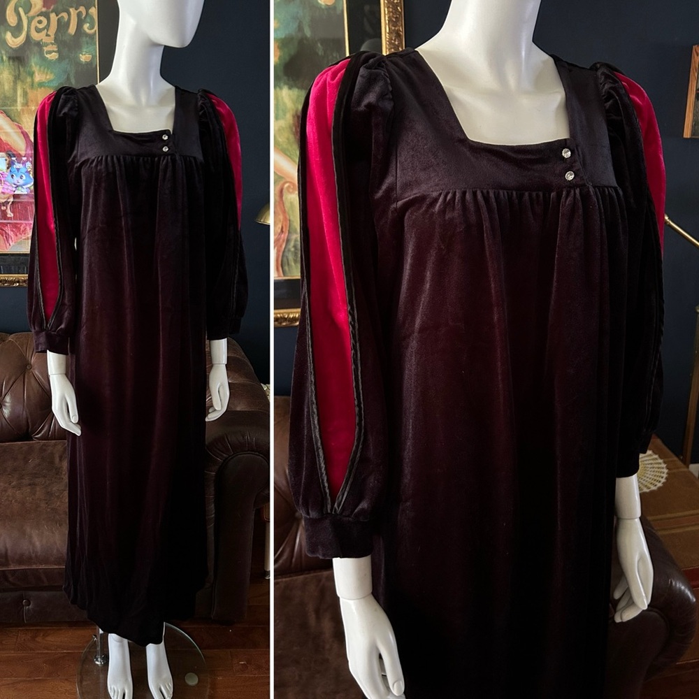 Vintage Black Velvet Long Dress with Red Sleeve Inset 60s 70s Rhinestone Glam